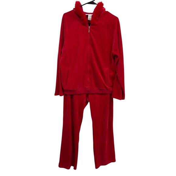 Judith Hart Red Velour Hooded Lounge Set With Faux Fur Trim Full Zip Jacket - Picture 1 of 13
